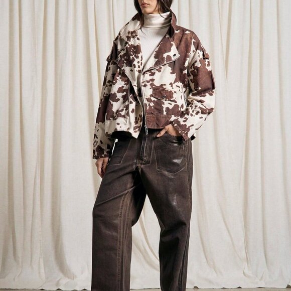 Casual Women's Cow Print Denim Jacket Western Distress contemporary - Picture 5 of 5